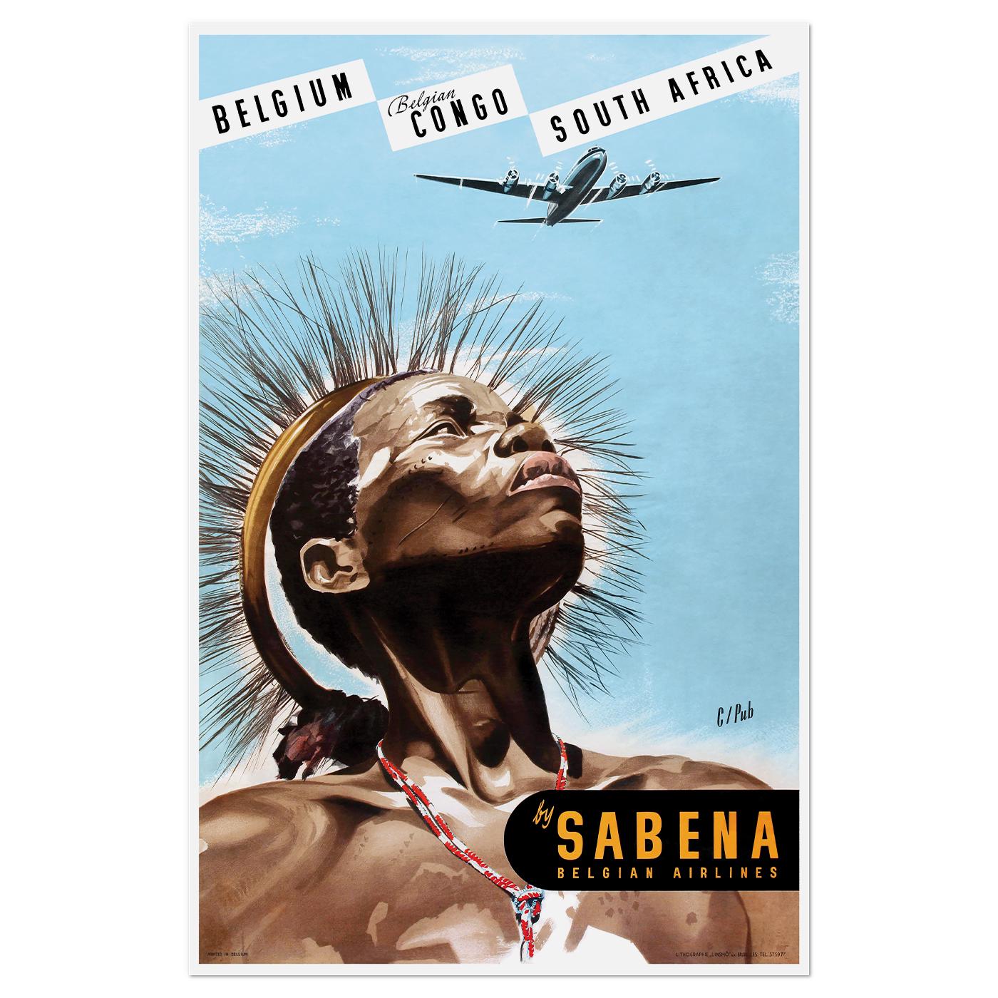 Плакат ретро Sabena Бельгийское Конго 1952 56x86 см (0356)