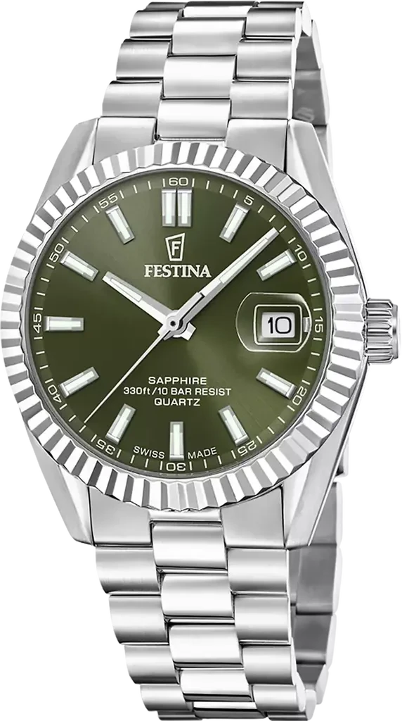 Наручные часы мужские Festina F20084/C Classic Steel Swiss Made со стальным корпусом/сапфировым стеклом WR 100 м и зеленым циферблатом