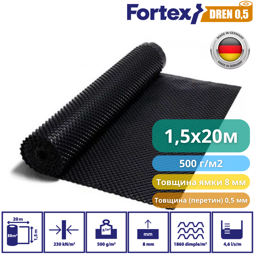 Мембрана для фундамента дренажна Fortex DREN 0,5 1,5x20 м 30 м2 (340053) - фото 3 Мембрана для фундамента дренажна Fortex DREN 0,5 1,5x20 м 30 м2 (340053) - фото 3