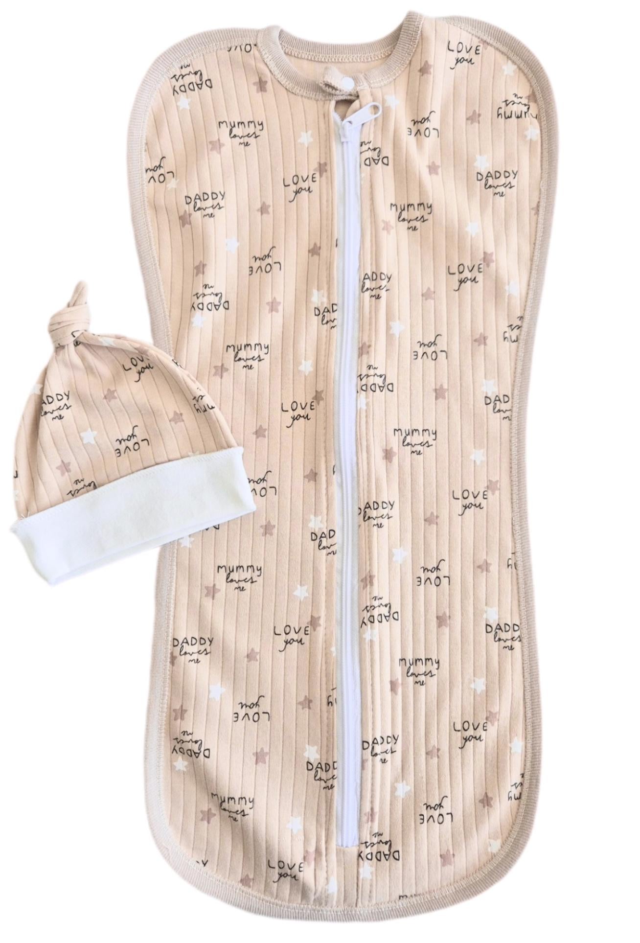 Пеленка-кокон на молнии с шапочкой №100 Love You евро интерлок 0-6 мес. Бежевый (143791)