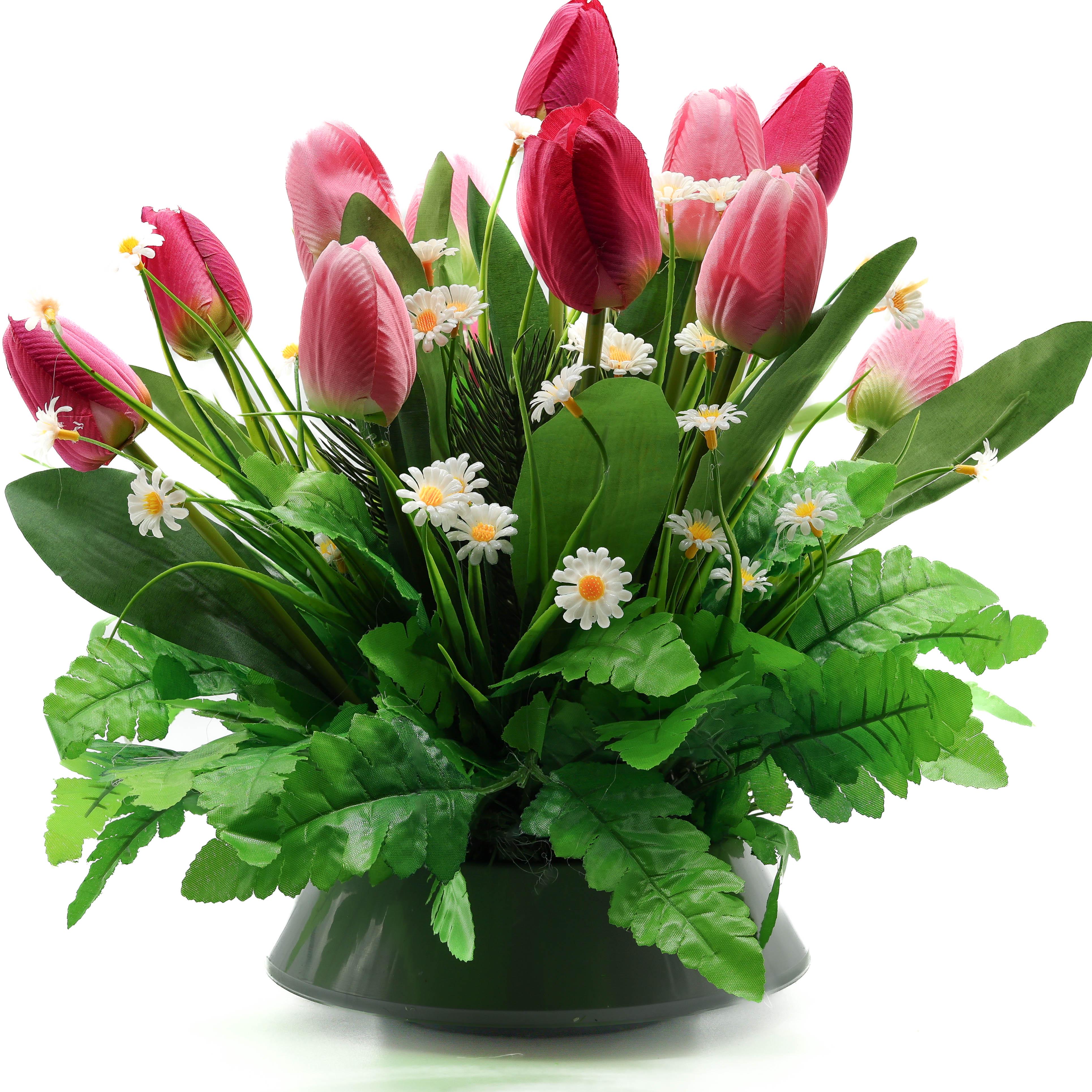 Композиція ритуальна GALA DECOR зі штучними рожевими тюльпанами в сірому пластмасовому кашпо 30х35 см (КВ3035ТР)