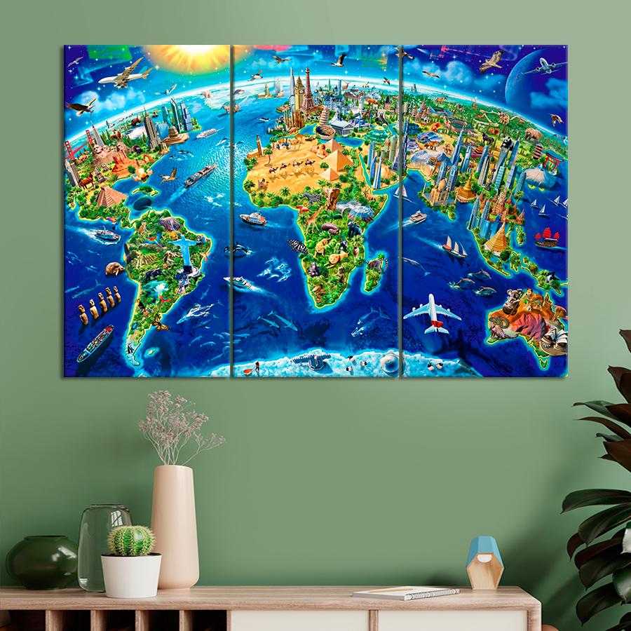 Картина карта Чудеса архитектуры на карте мира 156x100 см (A1359-3)