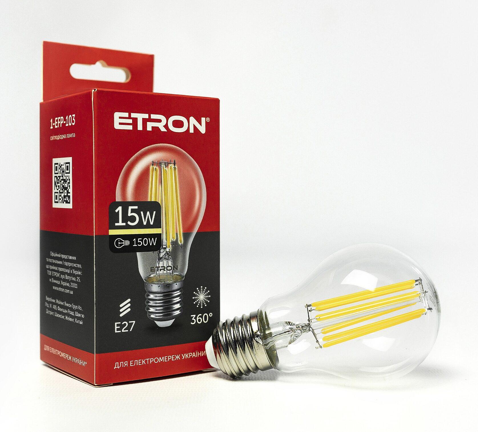 Светодиодная лампа филаментная ETRON Filament A60 E27 3000K 15W Прозрачный (1-EFP-103)