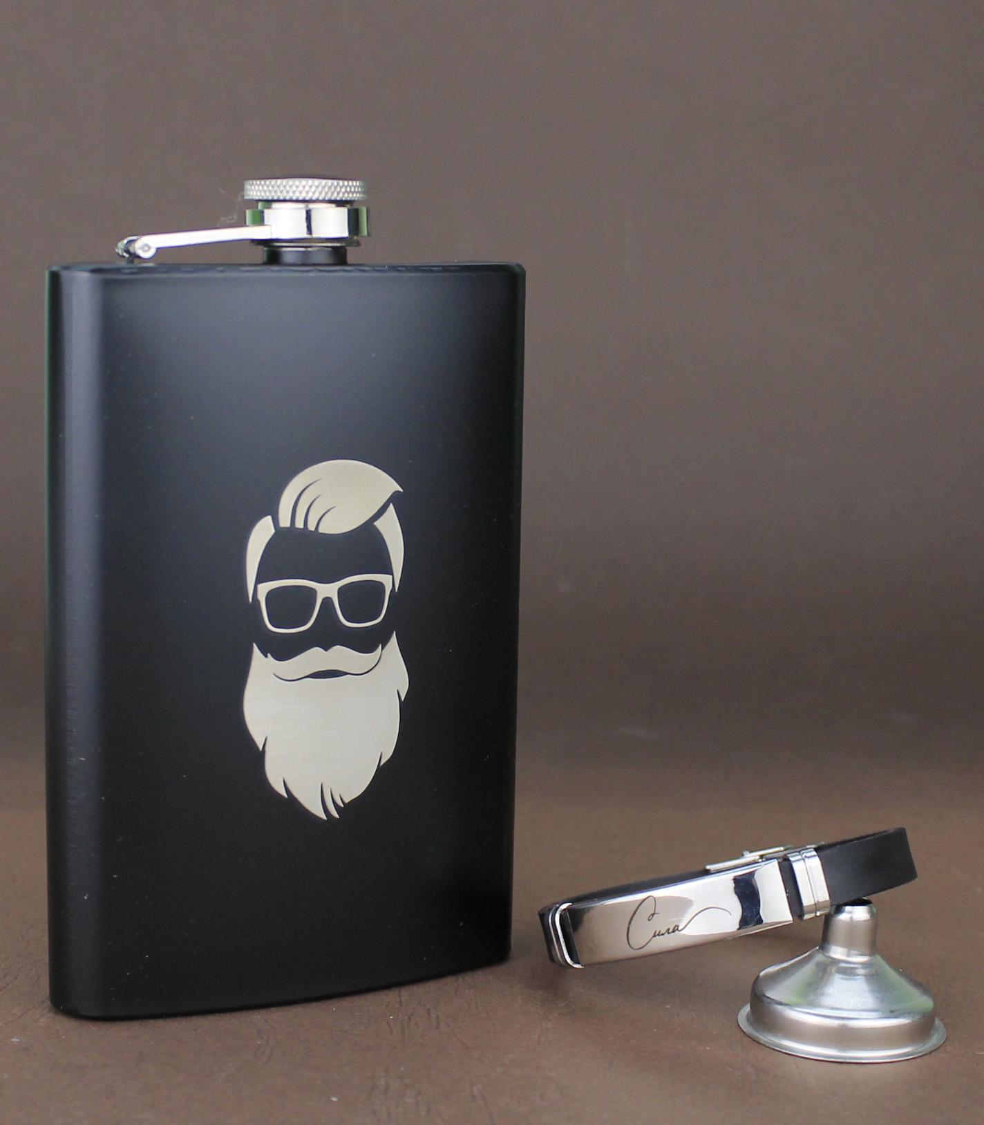 Набор фляги с гравировкой Бородач с лейкой/браслетом (21-0004)