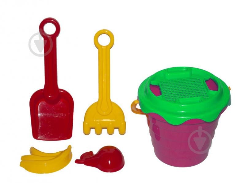 Набор песочный А ведёрко сито лопатка грабельки 2 пасочки Технок Розовый (0489)