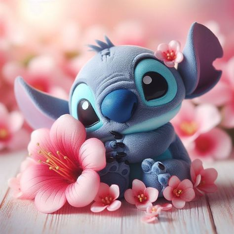 Алмазная мозаика Стич в розовых цветах 30х30 см (28915461)