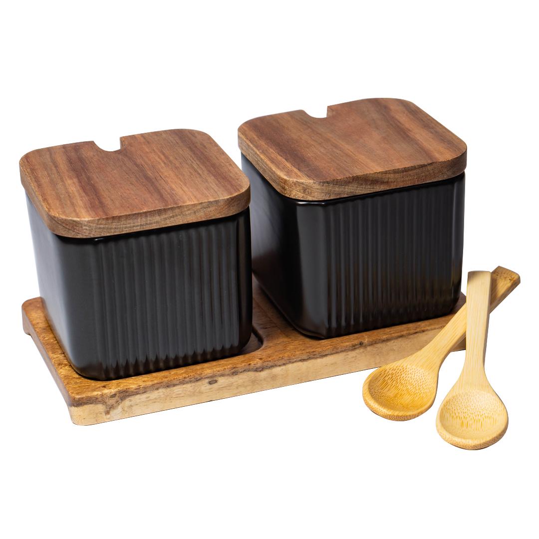 Комплект ваз для сипучих керамічних з дерев'яними кришками та ложками 2 шт. Чорний (ST0393) - фото 2 Комплект ваз для сипучих керамічних з дерев'яними кришками та ложками 2 шт. Чорний (ST0393) - фото 2