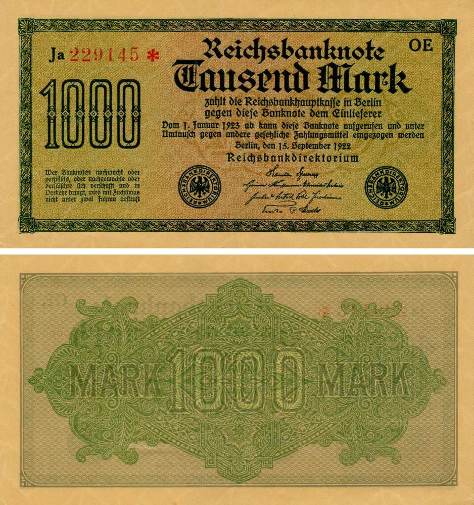 Коллекционная банкнота Германия 1000 марок 1922 AU-UNC P76 (Б17958)