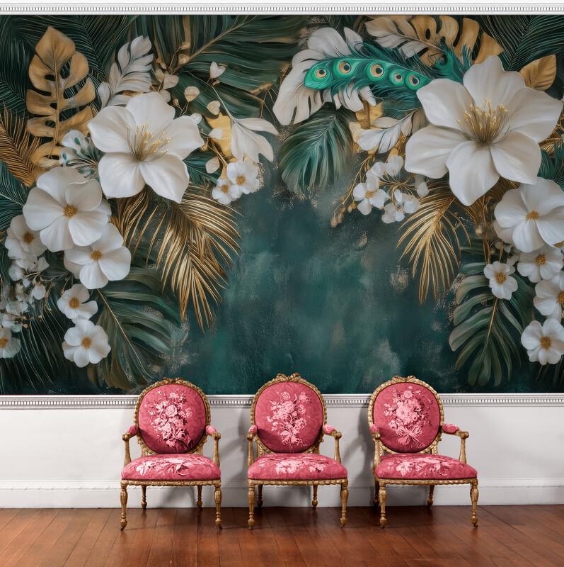 Фотообои 3D бесшовные белые цветы на зеленом фоне (S2112).