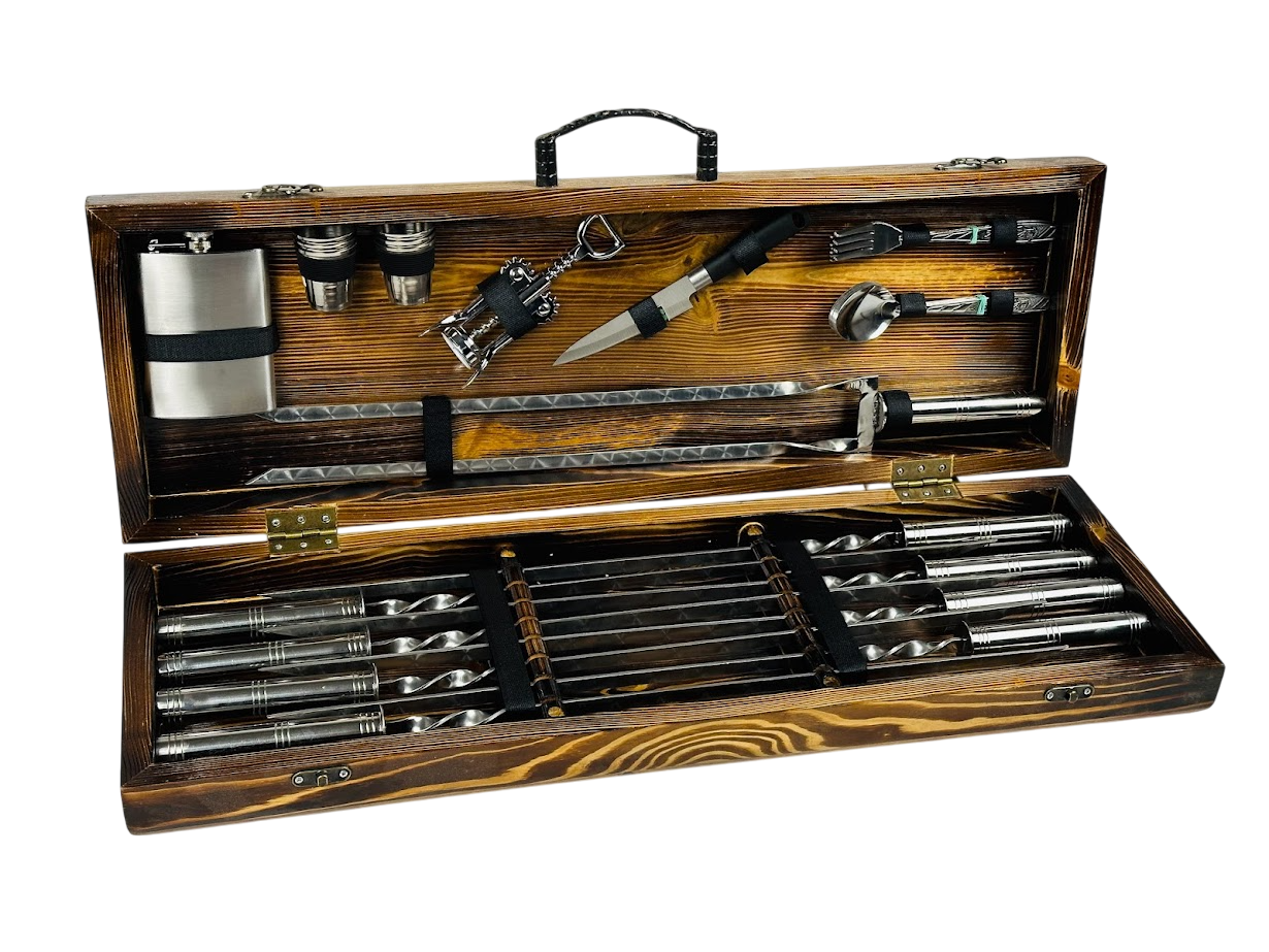 Набор шампуров ручной работы Стальной с аксессуарами 30 предметов в кейсе 75х24х10 см Коричневый (124-10-KS-7809)