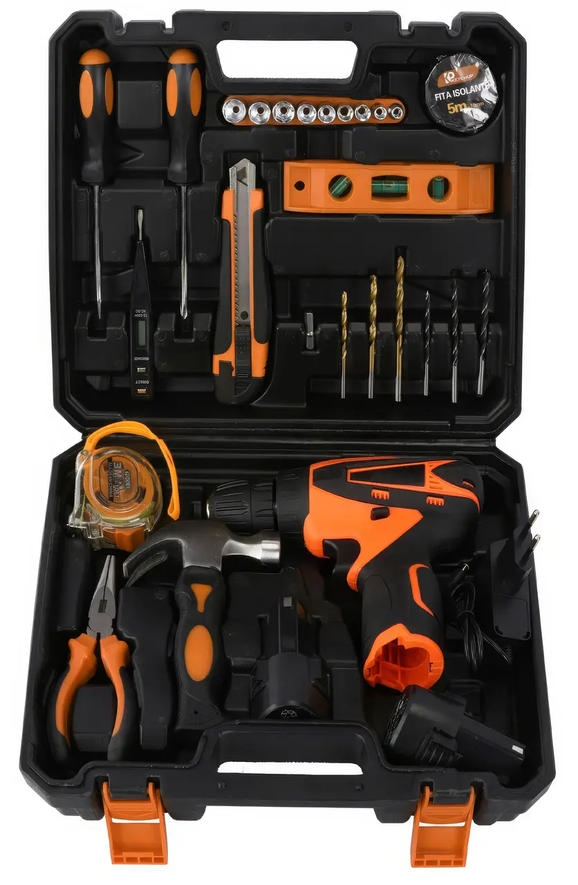 Шуруповерт/дрель AT-CD1201-25A с комплектом инструментов в чемодане 12 В 2АКБ 1300 об/мин (17100)