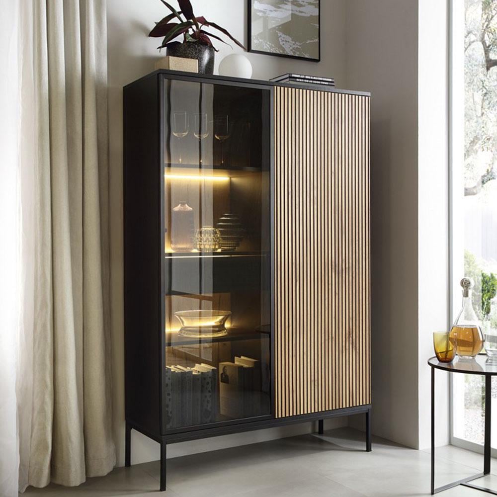 Шкаф-витрина высокий Perfect Home Sento WTSZ104 двухдверный с подсветкой Черный/Дуб один (PFH-091491)