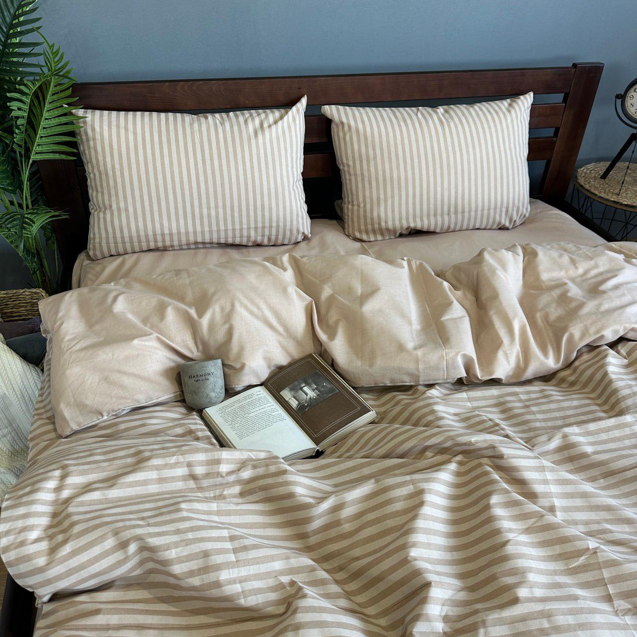 Комплект постільної білизни в смужку простирадло на резинці двоспальний 160x200х20/70х70 см Бежевий (25826674) - фото 5