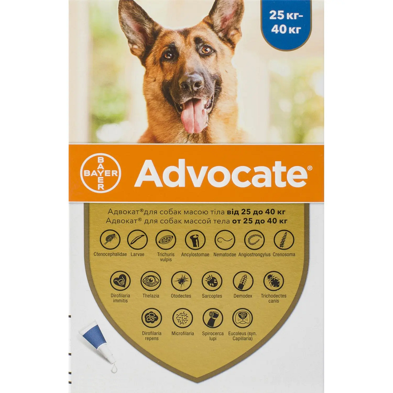 Капли Bayer Advocate от блох/гельминтов и клещей для собак более 25 кг 3 пипетки (54174)