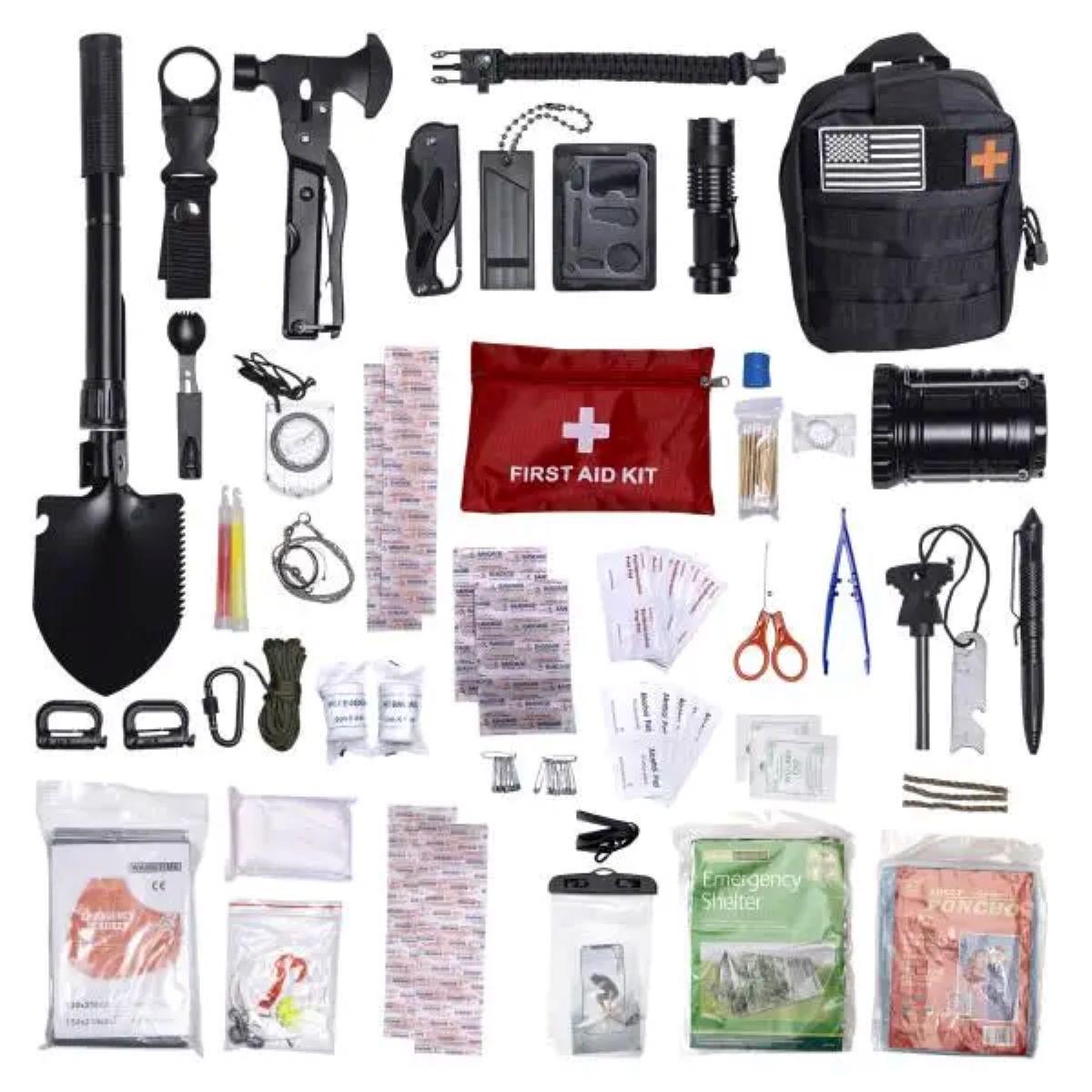 Туристический набор инструментов для выживания 22х17х15 см с аптечкой и лопатой Черный