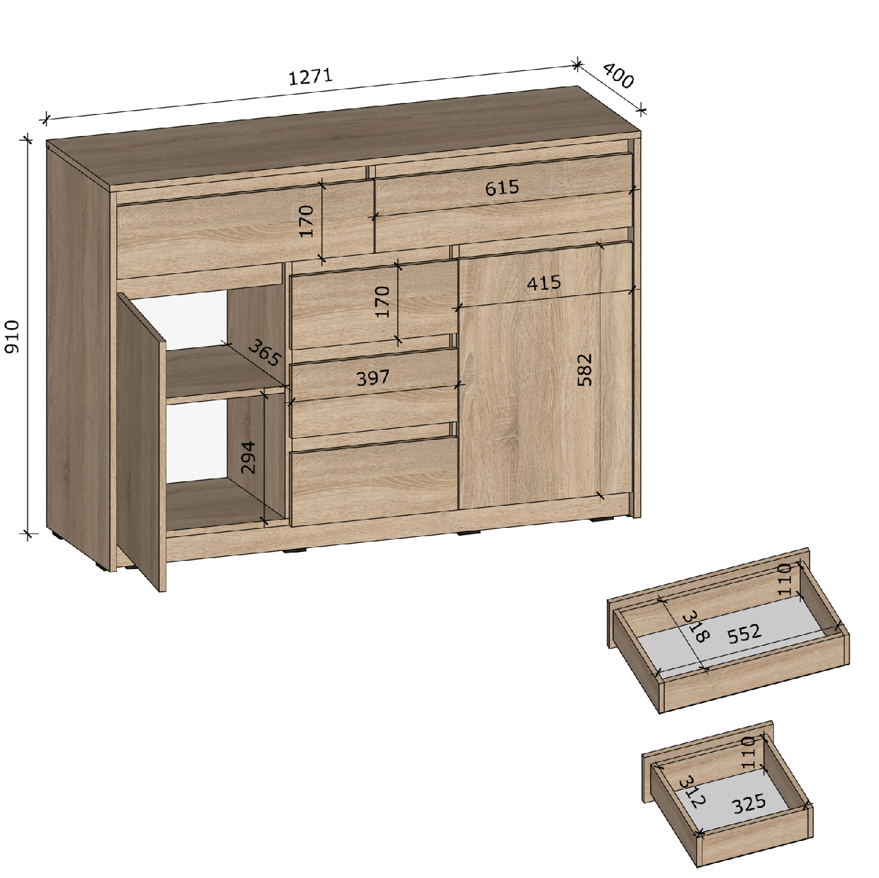 Комод Sanro на 5 ящиков и двумя дверками 1271х910х400 мм Антрацитовый/Дуб сонома (T227) - фото 2 Комод Sanro на 5 ящиков и двумя дверками 1271х910х400 мм Антрацитовый/Дуб сонома (T227) - фото 2