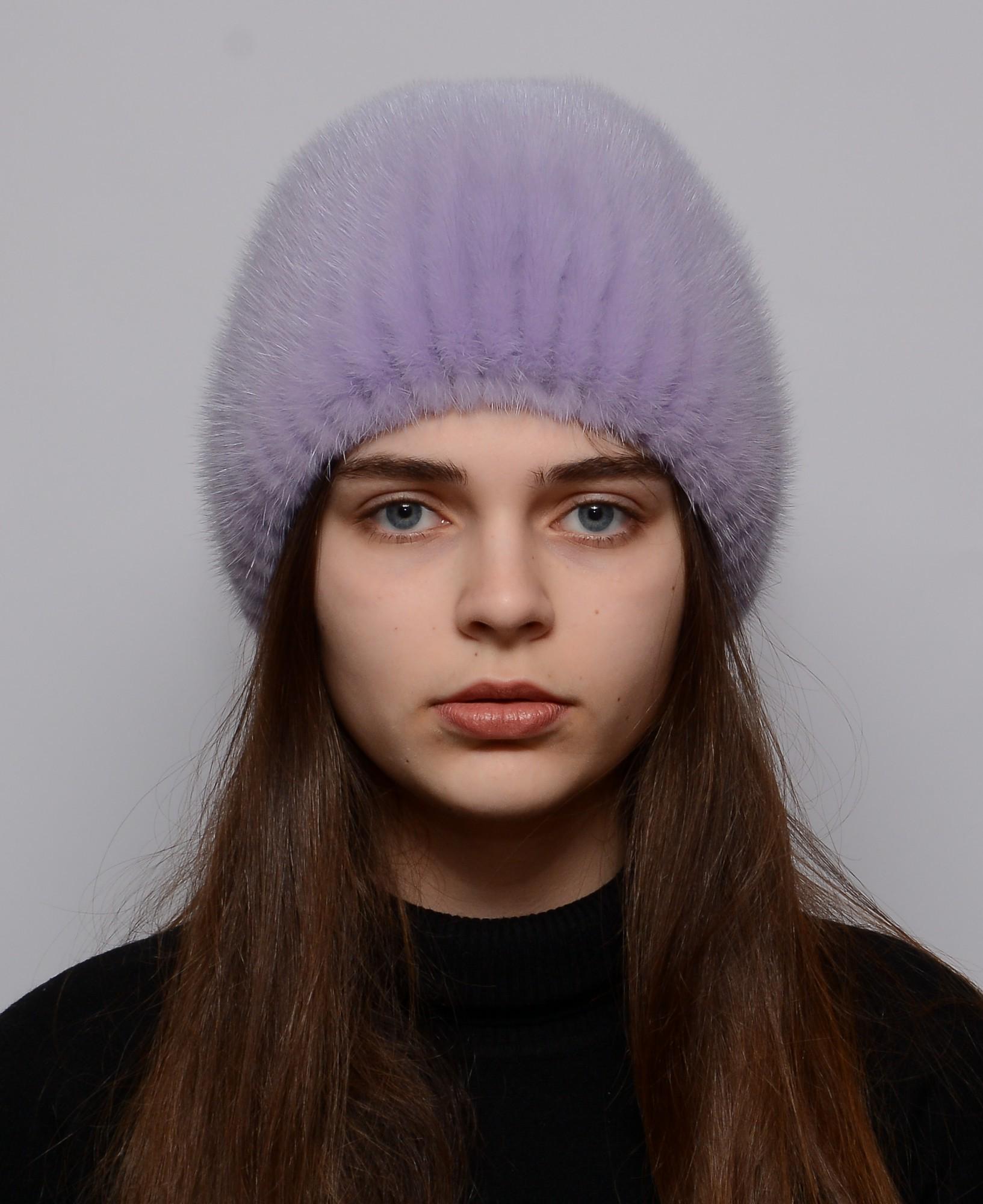 Женская норковая вязаная шапка Меховой стиль Коса натуральный мех XL-XXL Сирень (116/G)