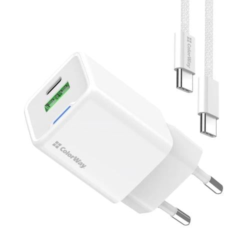 Зарядное устройство сетевое ColorWay 35 Вт GaN 1xType-C PD3.0/1xUSB QC4.0 White (MCT-CW-CHS055PDC-WT)