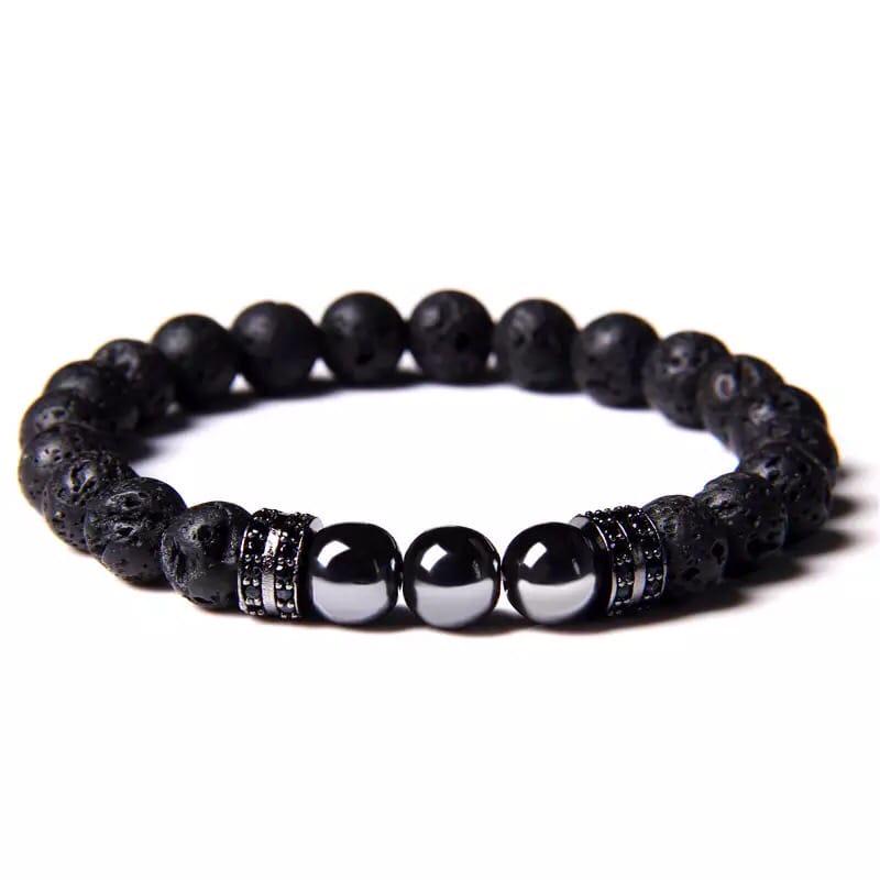 Браслет з лавового каменю та гематиту з дисками р. 22 (90055)