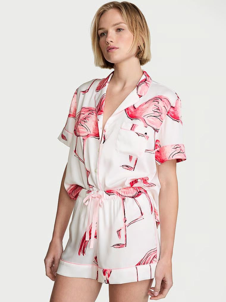 Пижама Victoria's Secret Signature Satin Short Pajama Set Coconut White Flamingos S Белый (27375621)