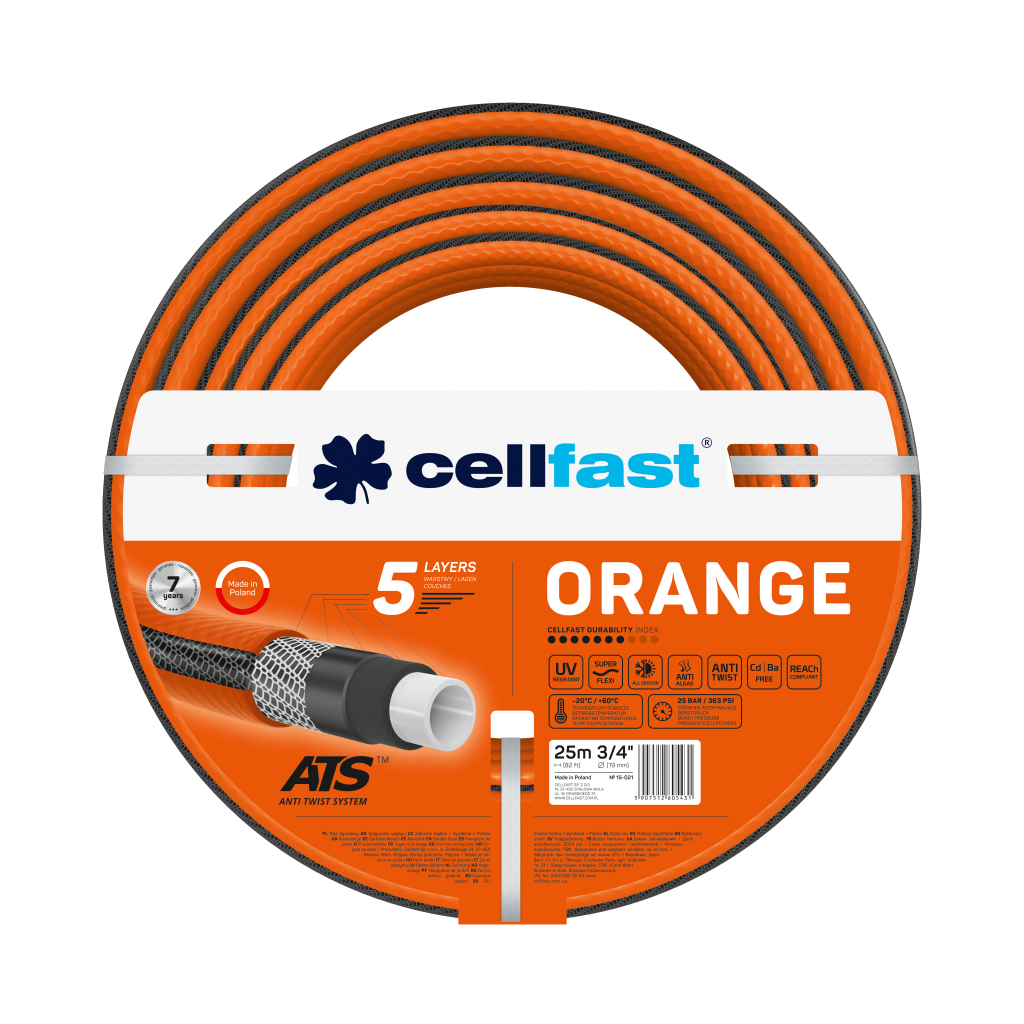 Поливочный шланг Cellfast ORANGE TSV 3/4" 25 м прочный/износостойкий/легкий и гибкий для ежедневного полива