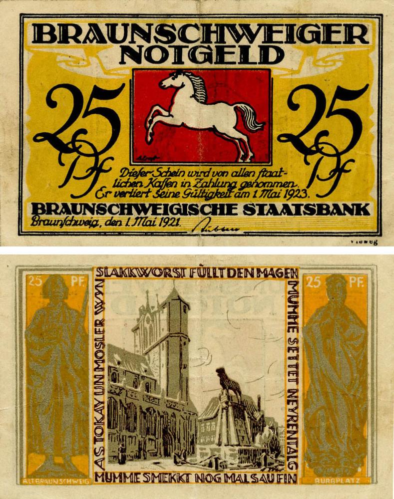 Коллекционная банкнота Германия Нотгельд 25 пфеннигов 1921 F-VF Брауншвейг Разновидность 2 (Б18531)