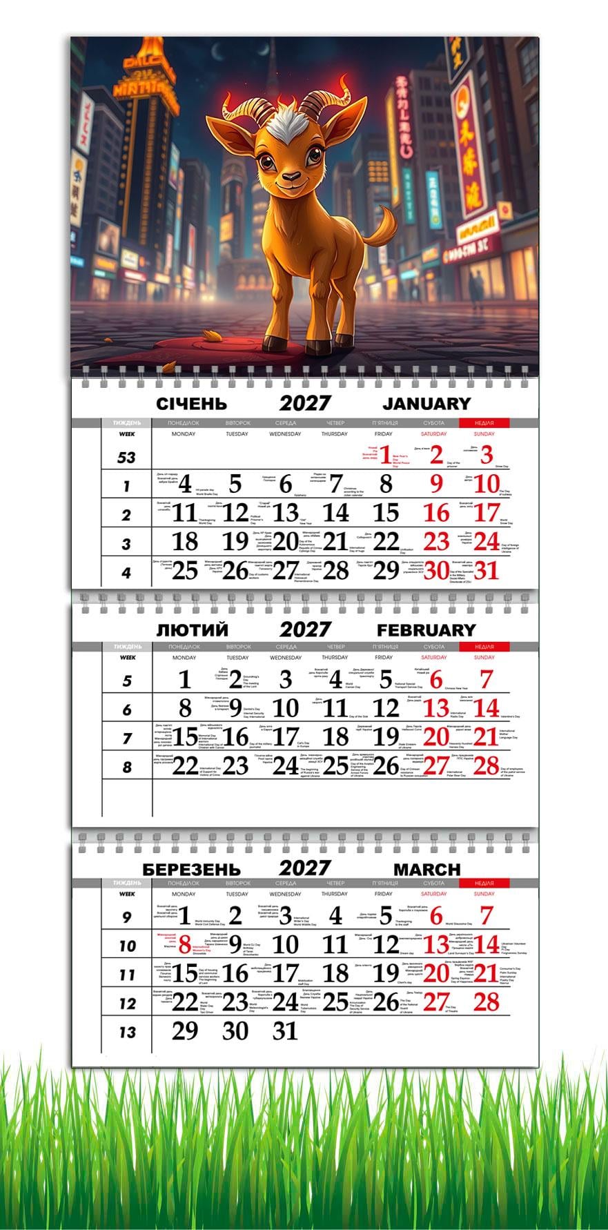 Календарь настенный квартальный на 2027 год APRIORI символ года Коза 30х61 см (36812476)
