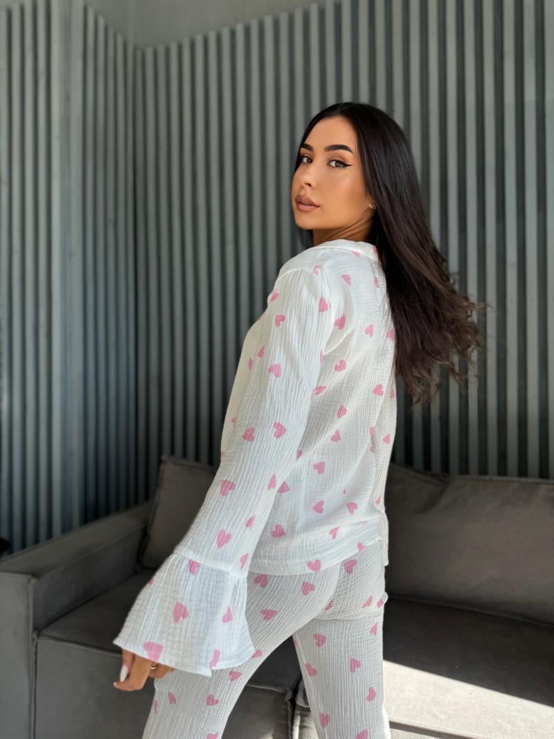 Піжама зі штанами муслінова S Білий з рожевими серцями (MR26527770)