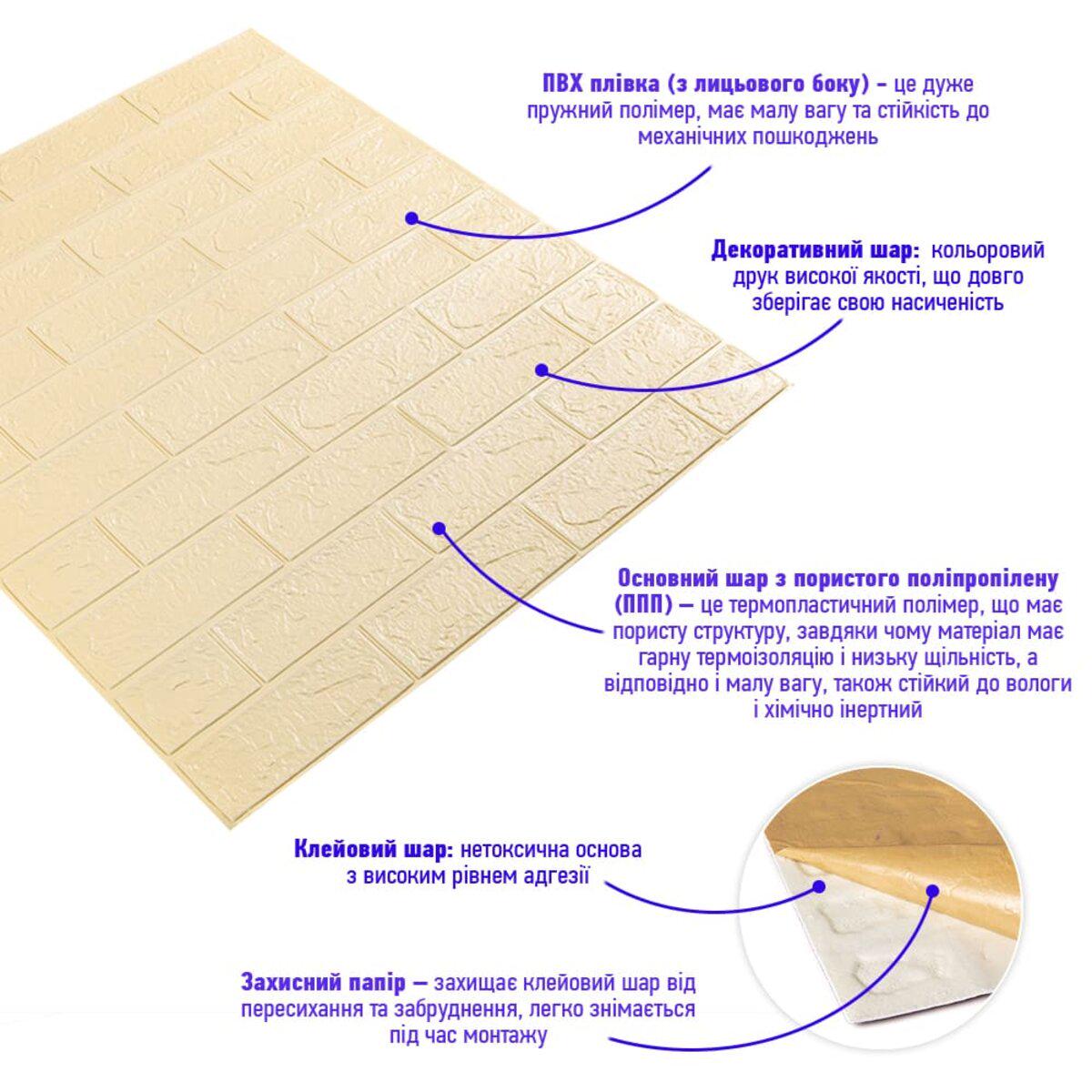 3D-панель самоклеящаяся под кирпич 77x70 см x 3 мм Бежевый - фото 4