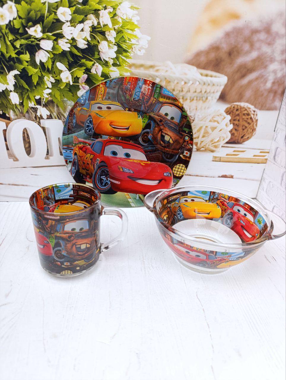 Дитячий набір столового посуду Metr+ Тачки скляний 3 предмети (TAC1)