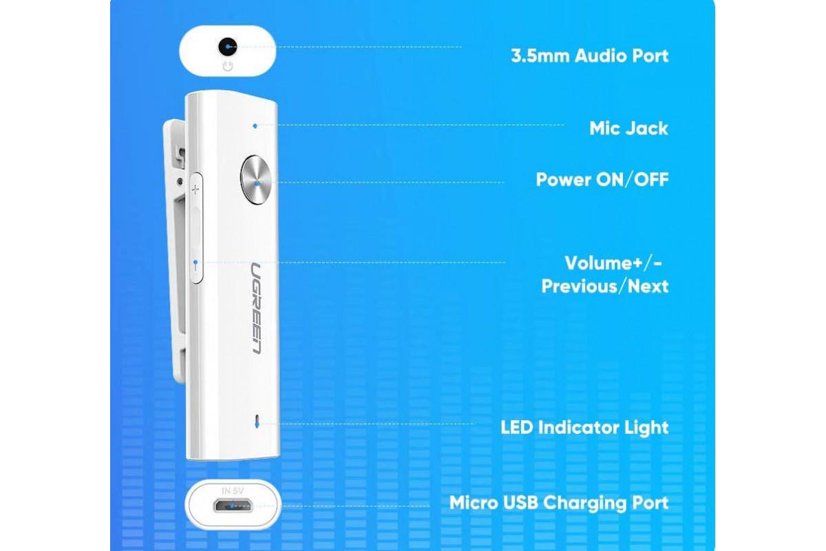 Приемник беспроводной UGREEN CM110 для наушников с микрофоном и AUX 3,5 мм выходом Bluetooth 4.2 (239301) - фото 4