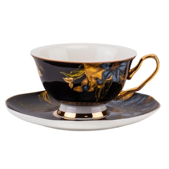 Набор чашкой с блюдцем и ложкой Elisey Victorian Charm керамический 200 мл Черный с золотом (135-81-9217-001.1)