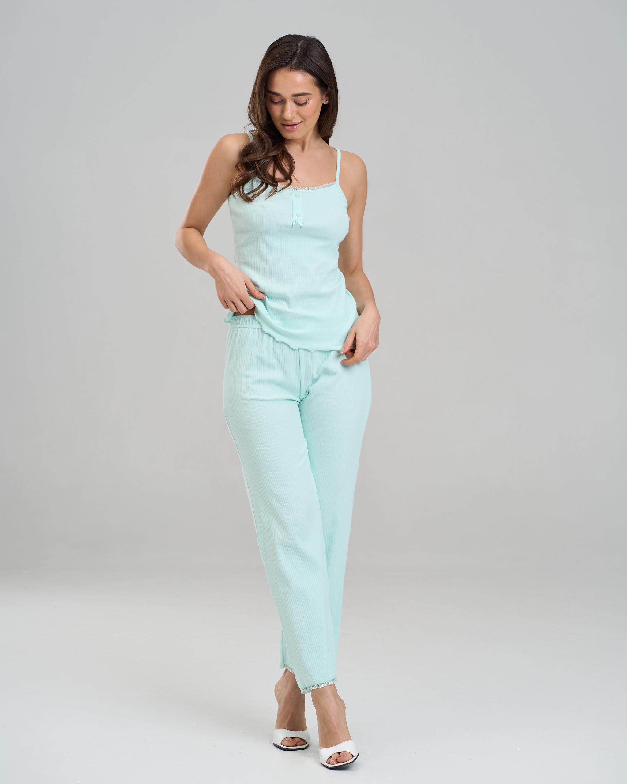 Пижама женская брюки и майка на бретеле в рубчик M Ментоловый (47008)