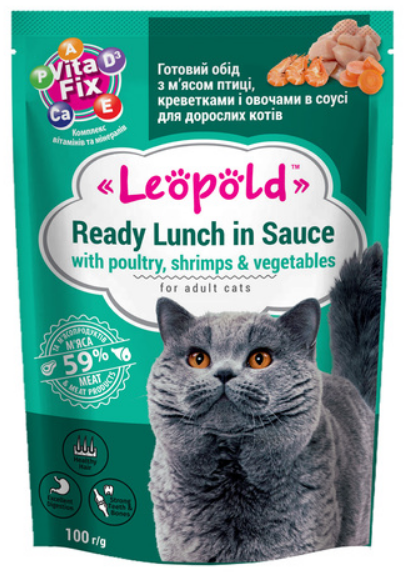 Корм для котів вологий Леопольд Готовий обід в соусі з м'ясом птиці/креветками та овочами 100 г (00-00026872)