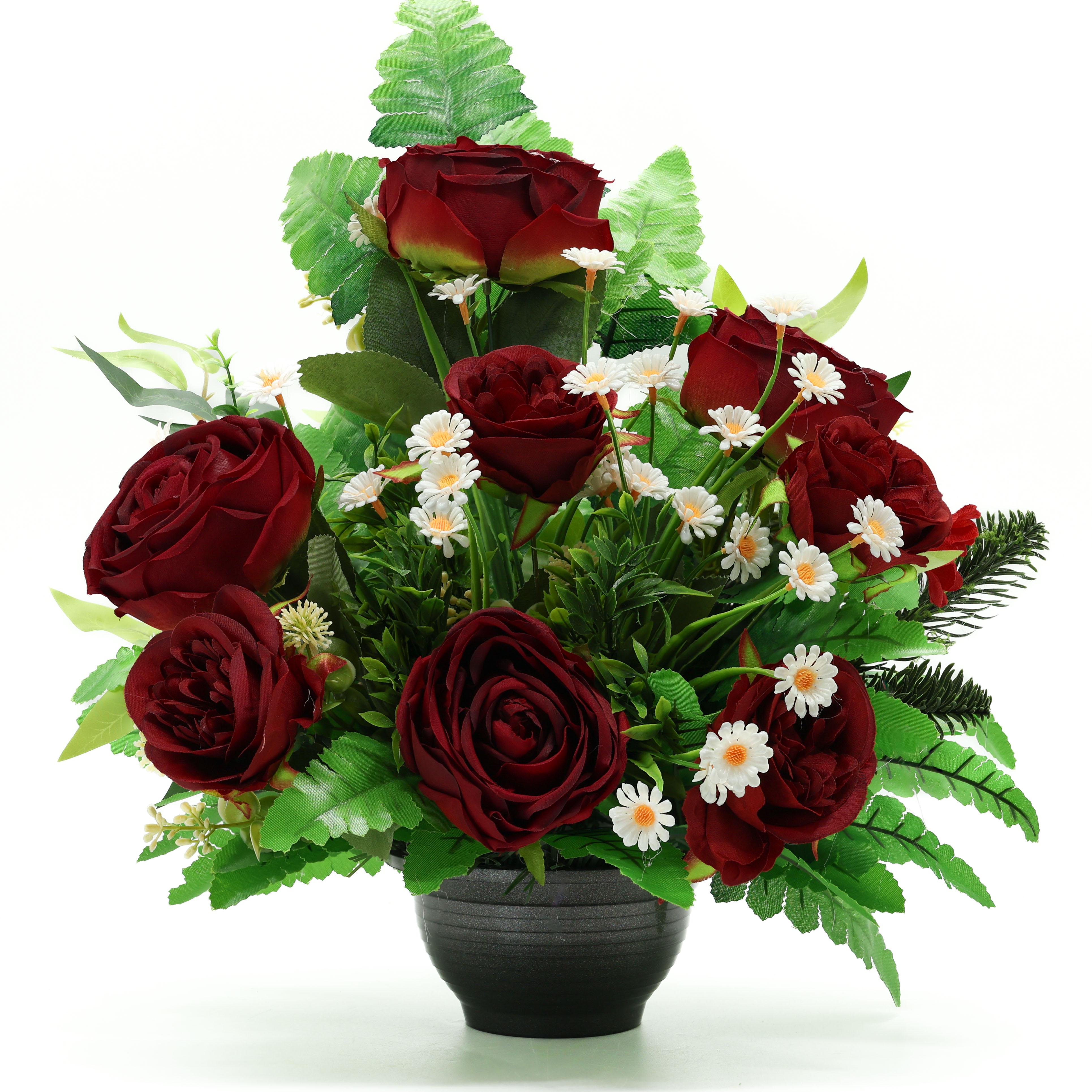 Композиція ритуальна Gala Decor 8 елітних троянд з зеленню у сірому кашпо 30х35 см