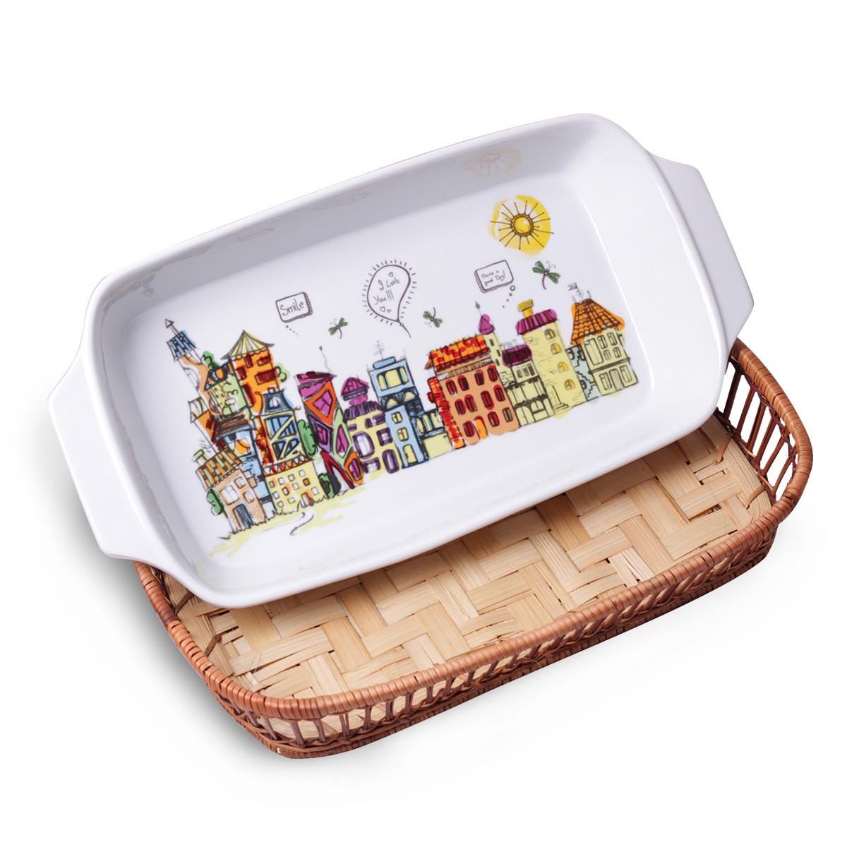 Форма прямокутна для випічки Kamille КМ-6304 із жаростійкої кераміки з ротанговим кошиком 1,5 л Білий (150-84-6304)