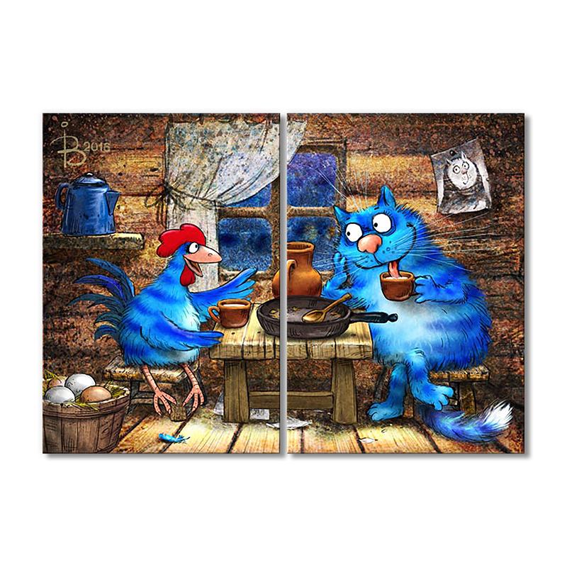 Модульна картина Кіт і півень розмовляють про кохання (Сиквел -Кіт і Півень) 2 модуля загальний розмір 60x90 см (_rinaz_20162225007)
