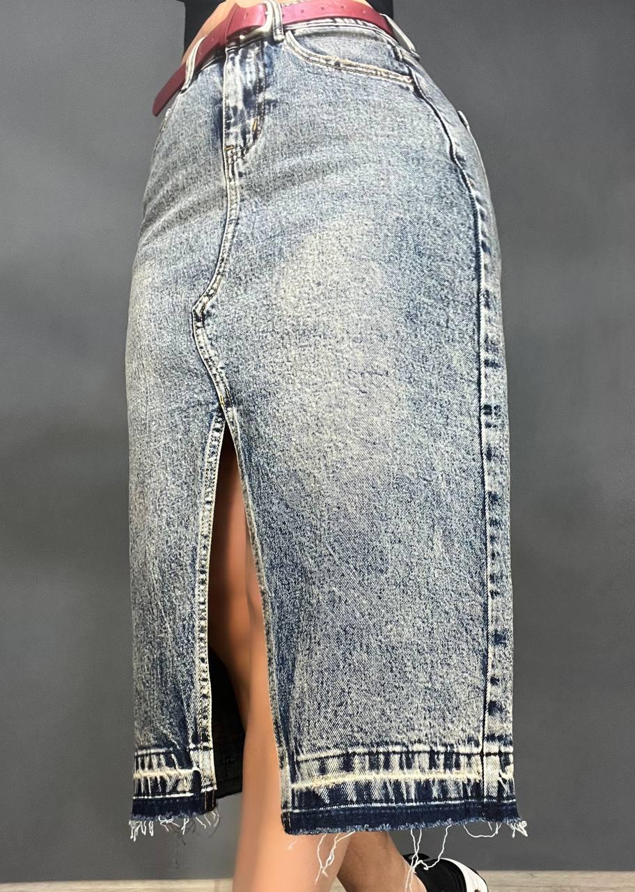 Юбка женская джинсовая ZJY 68007 разрез впереди стрейчевая ниже колена с ремнем р. 30 Темно-синий (3743) - фото 4 Юбка женская джинсовая ZJY 68007 разрез впереди стрейчевая ниже колена с ремнем р. 30 Темно-синий (3743) - фото 4