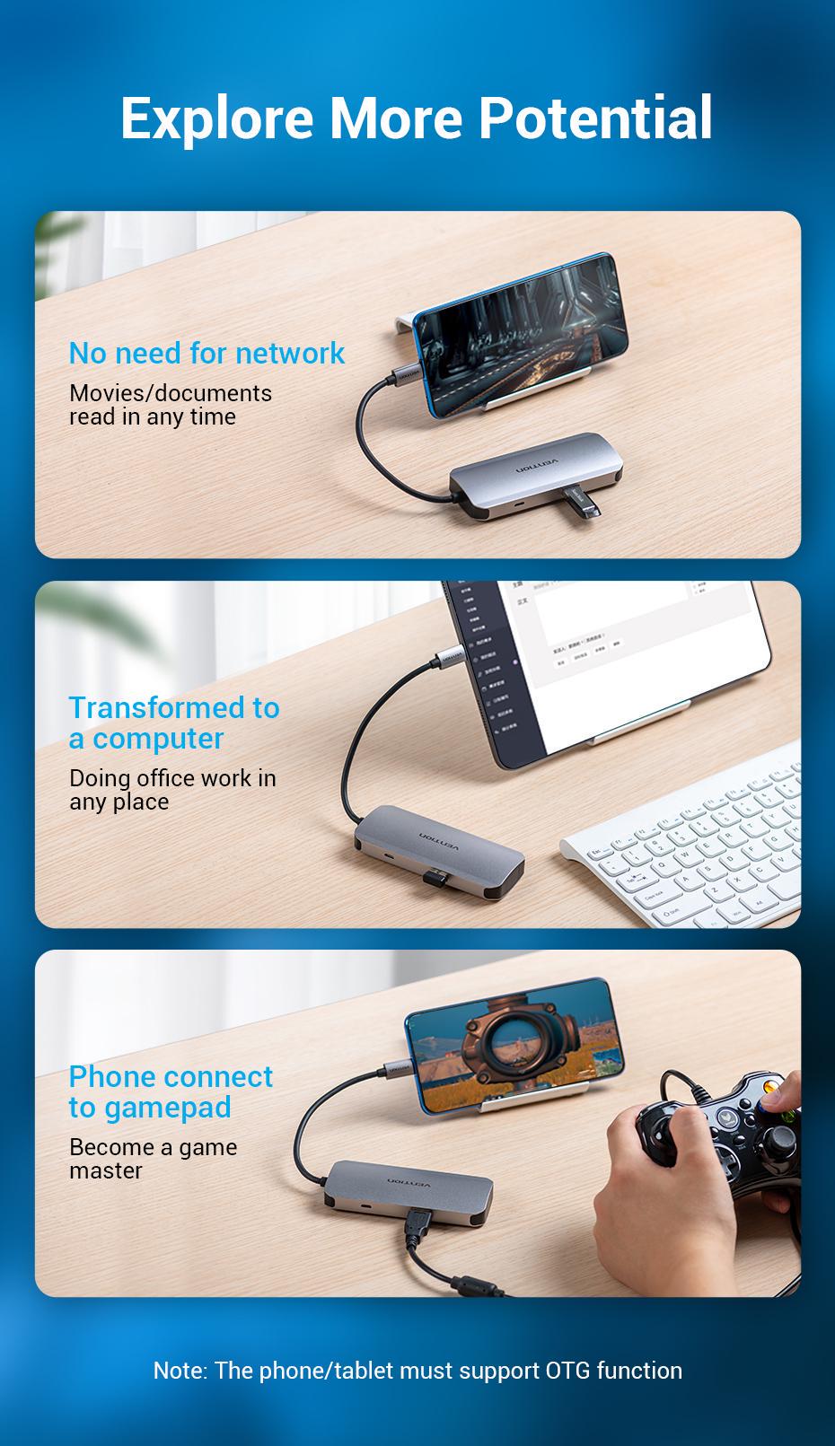 USB-хаб Vention Type-C-4x USB 3.0/Micro-USB/5 Гбит/с USB-C через Micro-B металлический Серый (TNAHB) - фото 13