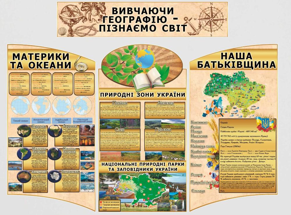Стенд для учебных заведений "Вивчаючи географію-пізнаємо світ" из ПВХ 1525х1185 мм (KG0004-1)