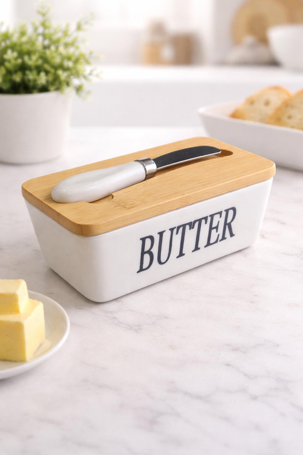 Маслянка порцелянова Butter з бамбуковою кришкою та ножем 15x8,5x7,5 см (31554754) Маслянка порцелянова Butter з бамбуковою кришкою та ножем 15x8,5x7,5 см (31554754)
