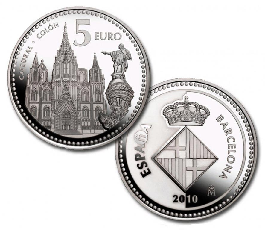 Коллекционная монета Испания 5 евро 2010 Провинции Испании Барселона Серебро Proof KM 1159 (15387311)