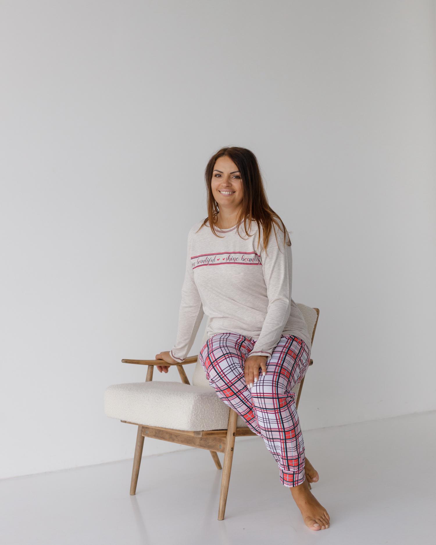 Пижама батальная с брюками Клеточка Shine beautiful 4XL Бежевый (30030)