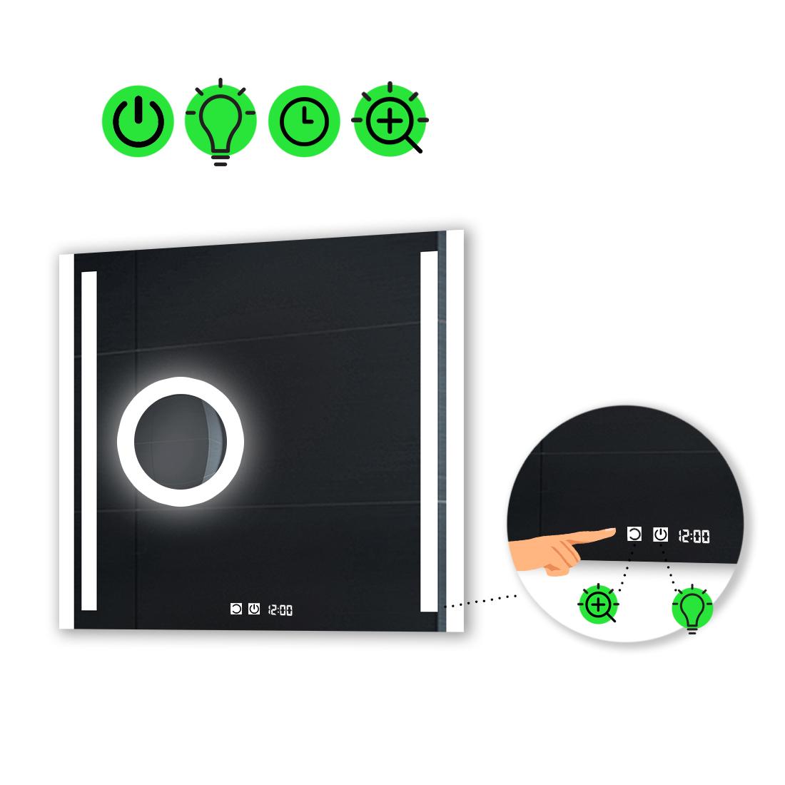 Зеркало с LED подсветкой Mirta с двумя сенсорами/часами и линзой с подсветкой 100x100 см (Mirtak36) Зеркало с LED подсветкой Mirta с двумя сенсорами/часами и линзой с подсветкой 100x100 см (Mirtak36)