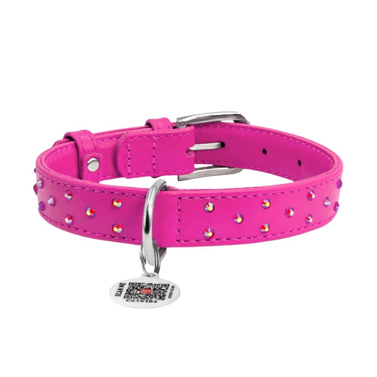 Ошейник для собак кожаный Waudog Glamour с QR паспортом/клеевыми стразами 20 мм х 30-39 см Розовый (32787 Col)