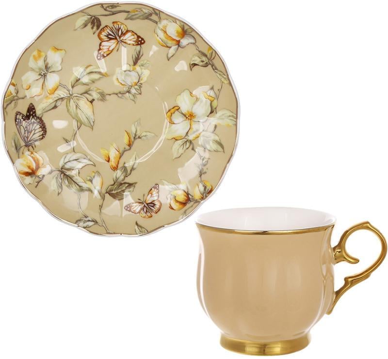 Чайно-кавовий порцеляновий сервіз Beige Magnolia 6 чашок із блюдцями 200 мл