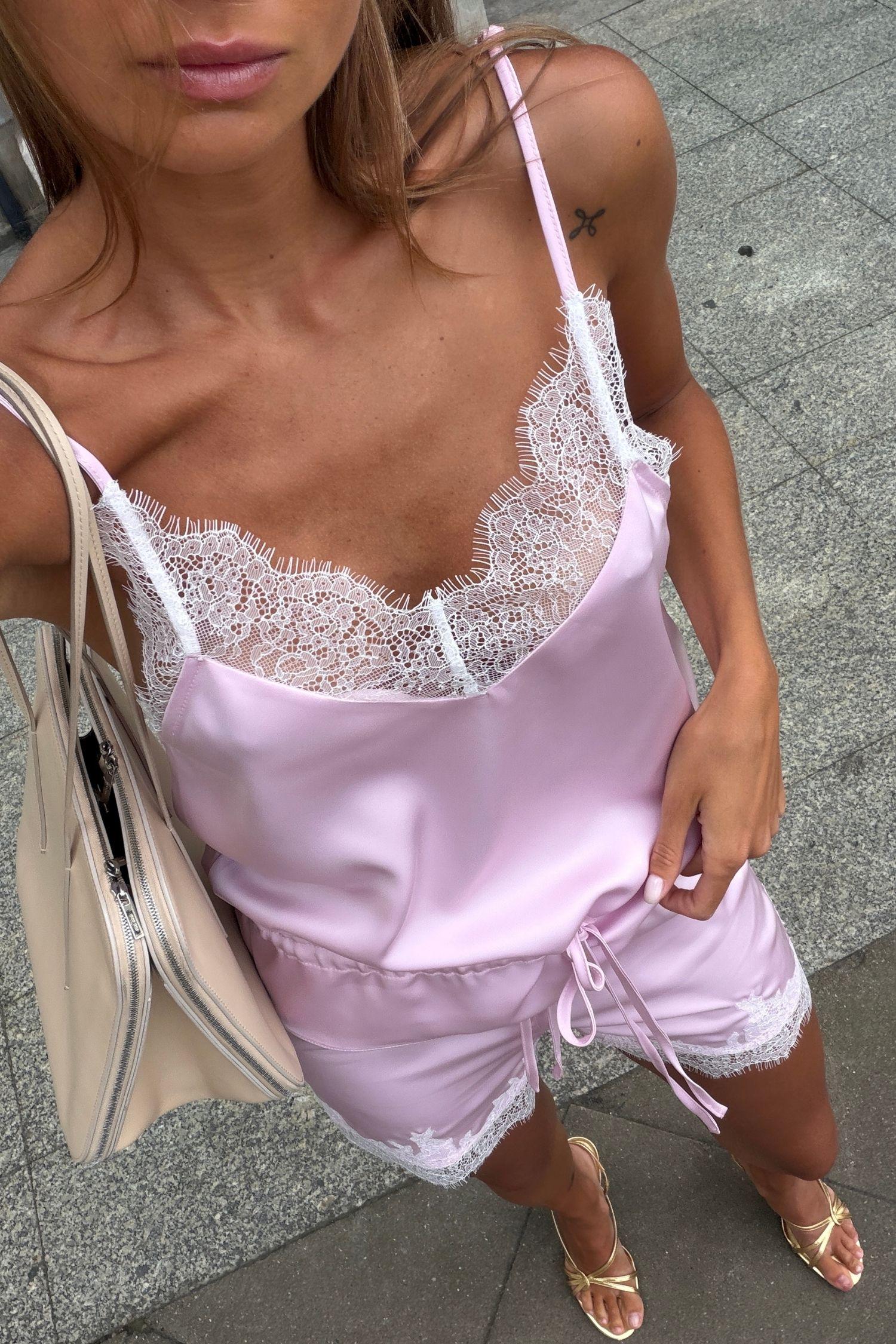 Топ із куліскою з сатину та мереживом THE LACE рожевий M