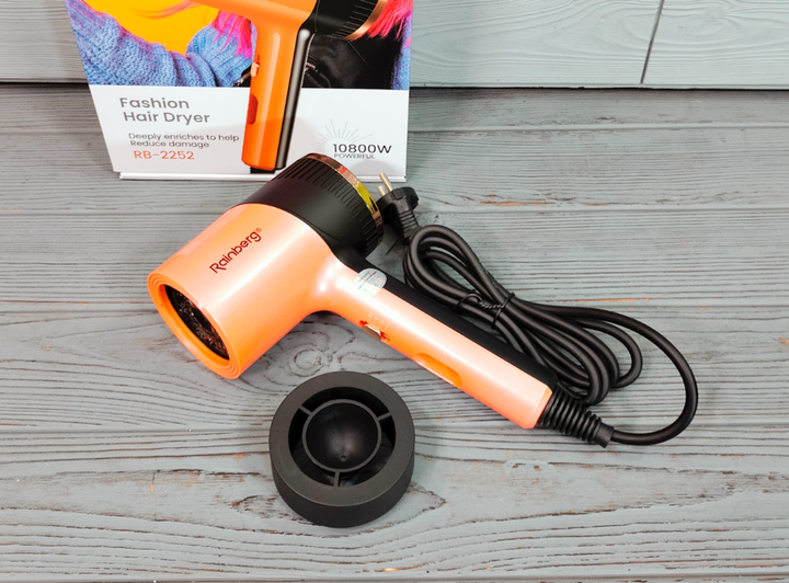 Фен для волос Rainberg RB-2252 10800 Вт с насадкой Оранжевый (GR-04345) - фото 8 Фен для волос Rainberg RB-2252 10800 Вт с насадкой Оранжевый (GR-04345) - фото 8