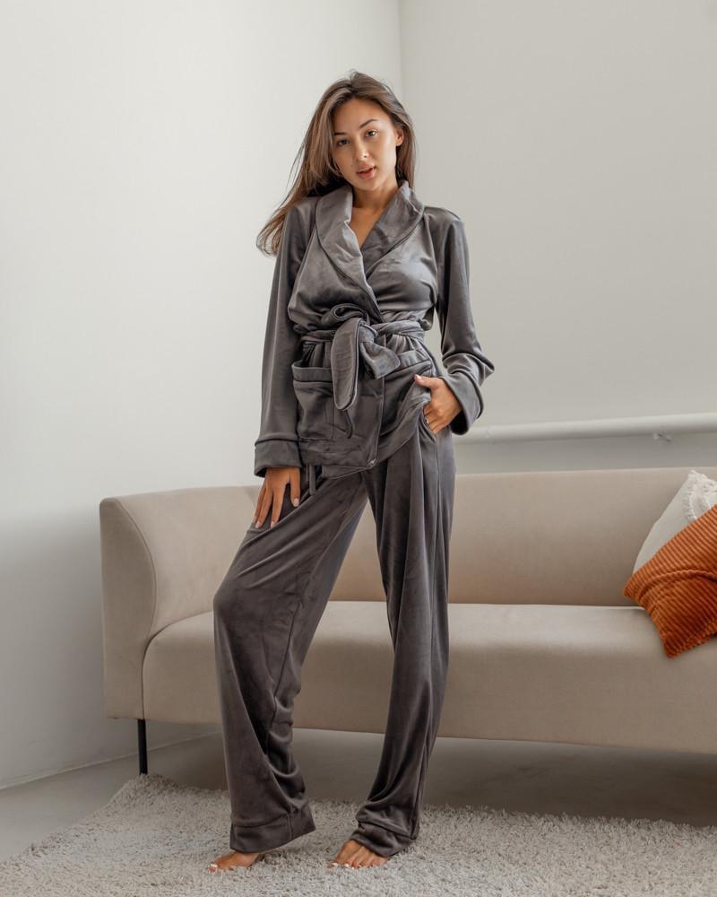 Пижама на запах велюровая р. 46 Серый (5004) - фото 4 Пижама на запах велюровая р. 46 Серый (5004) - фото 4