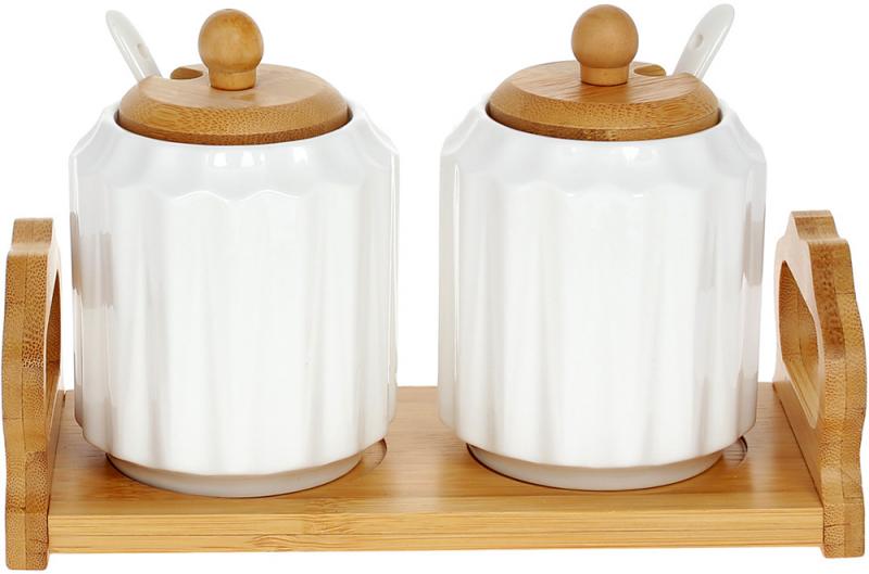 Набор банок с ложками Ceram-Bamboo 300 мл 2 шт. на деревянной подставке фарфор (BD-289-377)